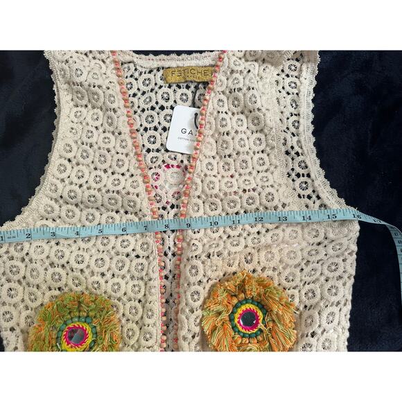 NWT FETICHE SUANCES BOHO CROCHET BANJARA VEST MIRRORS, SHELLS, BEADS, TASSELS - Picture 8 of 9